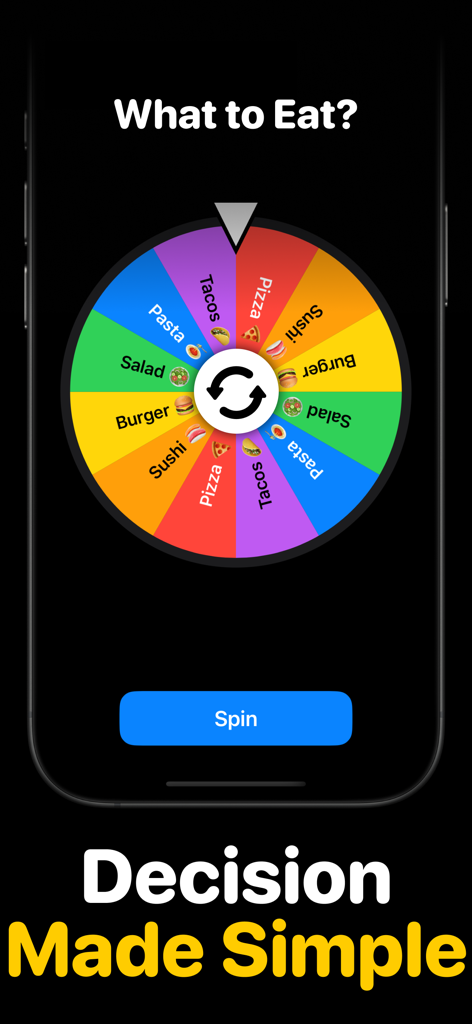 Wheel Spinner - Tiny Decision - Un'interfaccia di ruota che gira colorata che mostra varie scelte di cibo come pizza e sushi per prendere una decisione rapida.