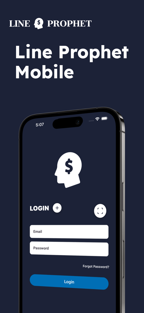 Line Prophet: Sports Betting - Login screen of the Line Prophet sports betting mobile app showing email and password input fields on a smartphone display.