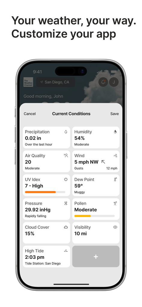 A smartphone showing The Weather Channel app with customizable current conditions tiles including precipitation, humidity, and UV index