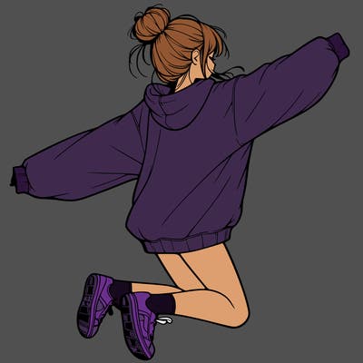 realistic girl jumping with a bun and oversized sweatshirt
