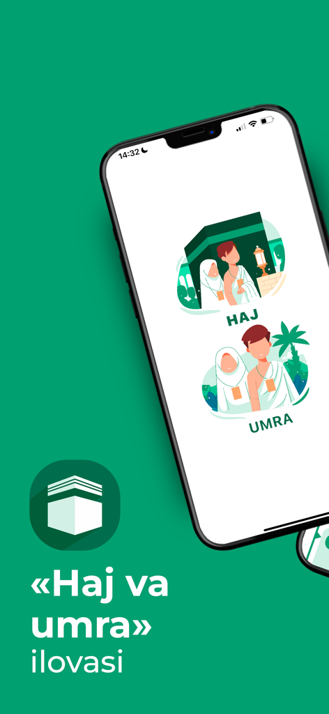 Ҳаж ва умра - iPhone displaying the main menu of the Haj va Umra app in Uzbek with icons for Hajj and Umrah pilgrimages