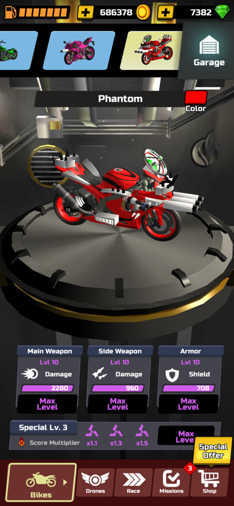 Bike Rider - Moto Race - Red Phantom motorcycle with weapon upgrades in the Bike Rider Moto Race garage