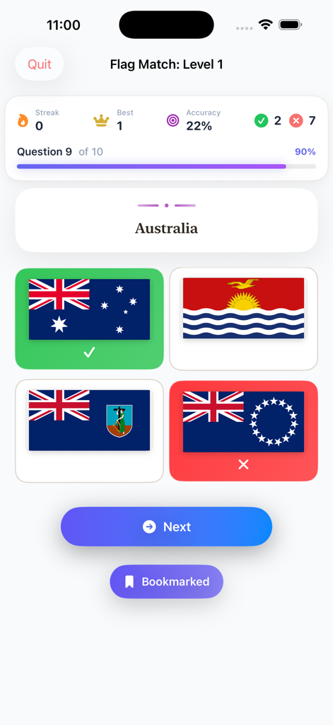 Geography Games. - A flag match quiz screen in the Geography Games app identifying the Australian flag among multiple choices