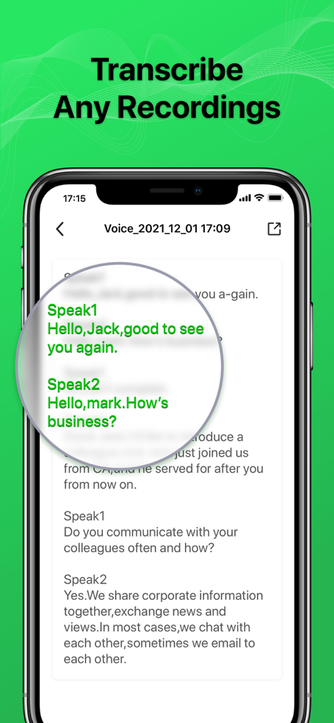 Écran d'iPhone affichant la transcription en texte d'un appel téléphonique enregistré pour deux interlocuteurs