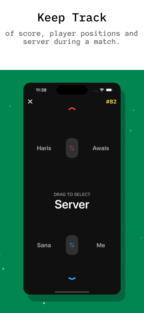 Side Out - Pickleball - Interface of the Side Out Pickleball app showing player positions and server selection screen on an iPhone