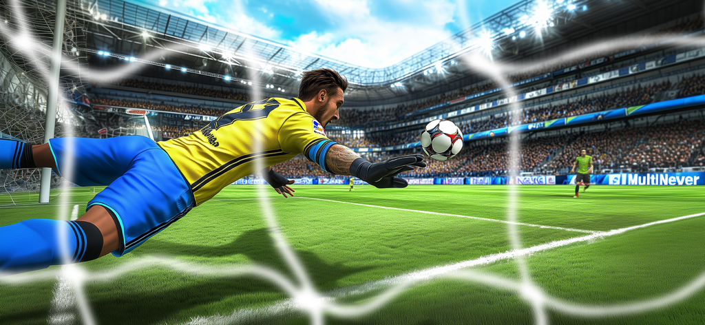 Portero lanzándose para detener un gol en el juego móvil Soccer Striker