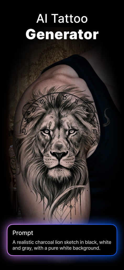 ArtReel: AI Tattoo Design - Interface of ArtReel app displaying a realistic AI generated lion tattoo on a shoulder with the text prompt used for creation
