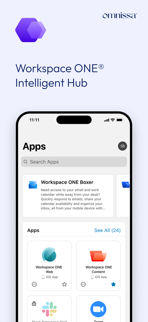 Intelligent Hub - Screenshot of the Intelligent Hub app showing a unified corporate app catalog with Slack Zoom and Workspace ONE tools