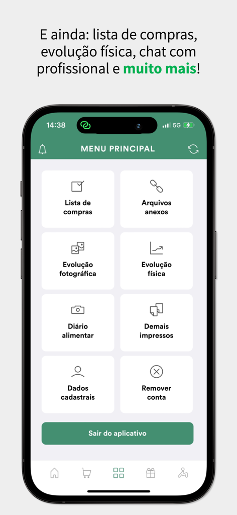 Main menu of the WebDiet para pacientes app showing features like shopping list, food diary, and physical evolution tracking.