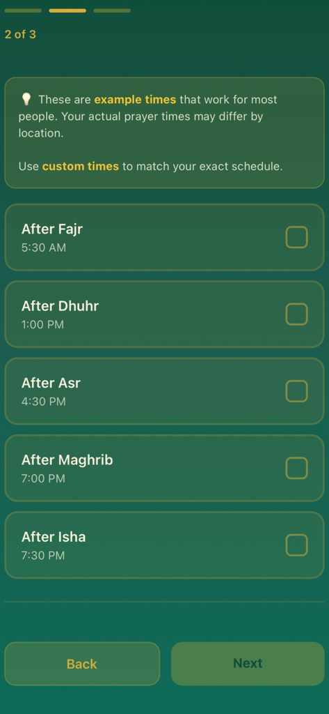 Quran Unlock - Setup screen for choosing Quran reading times based on daily prayers like Fajr and Dhuhr