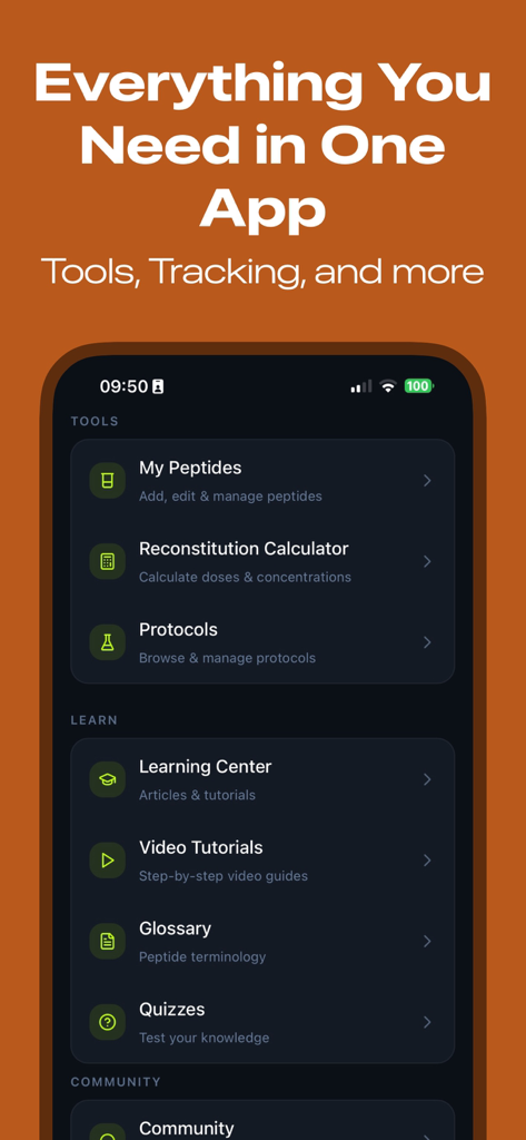 Peptide-Tracker - A screenshot of the Peptide-Tracker app showing the tools, learning, and community menu sections.