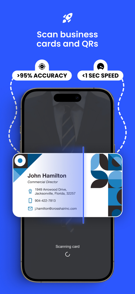Business Card Scanner by Covve - Smartphone scanning a business card with text highlighting over 95 percent accuracy and less than 1 second speed.