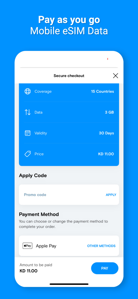 USim app secure checkout screen for a mobile travel eSIM plan with Apple Pay option.