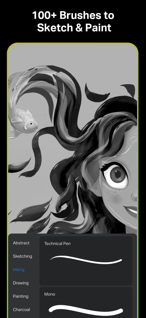 Uma ilustração digital em tons de cinza do rosto de uma garota com cabelo esvoaçante e um peixe, ao lado de um menu de seleção de pincéis no aplicativo Sketch Pro.