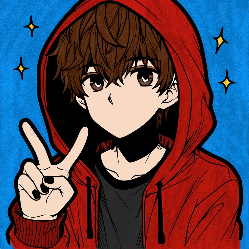 teenage manga boy in a hoodie, doing ✌