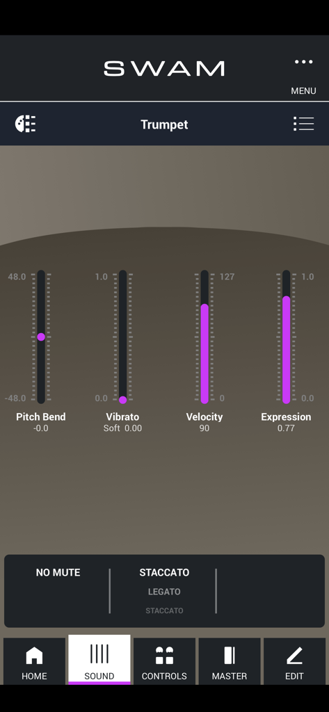 SWAM Trumpet - SWAM Trumpet mobile app interface displaying sound controls for pitch bend vibrato velocity and expression