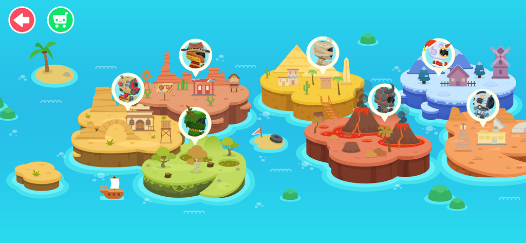 Level selection screen showing themed racing worlds as islands in the Monster Truck Go game.