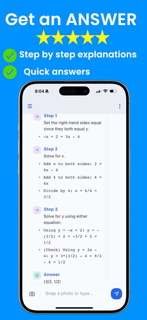 Math Picture Solver - A smartphone screen displaying a step by step algebra solution from the Math Picture Solver app