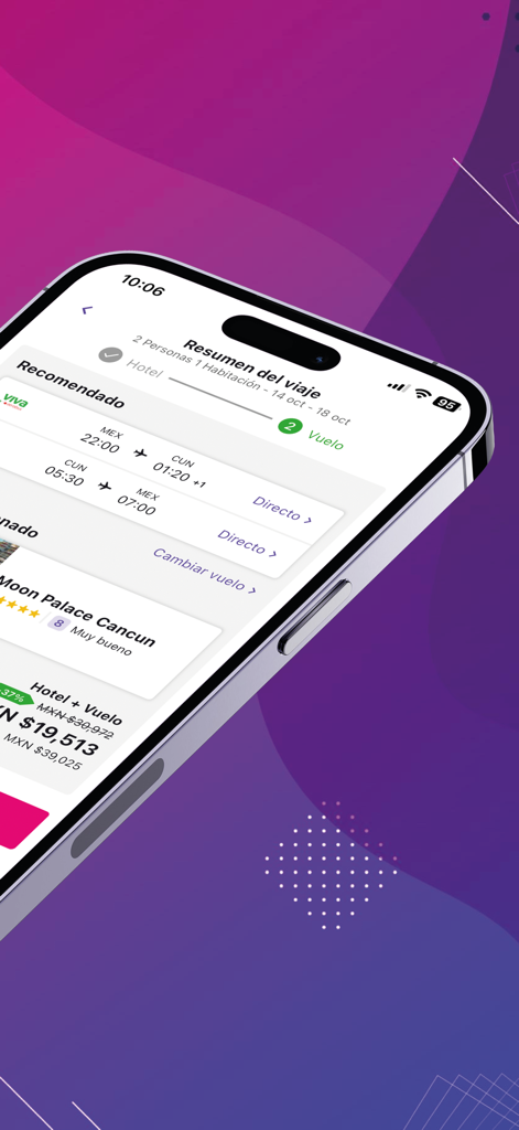PriceTravel mobile app interface showing a travel summary for a flight and hotel package to Cancun.