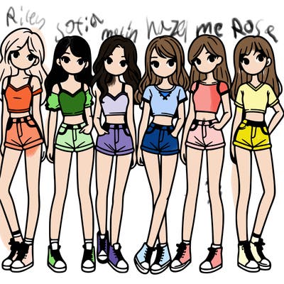 a group of girls wearing crop tops and shorts