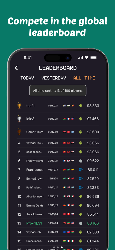MapGame! - MapGame app screenshot showing global player rankings and daily scores on a leaderboard