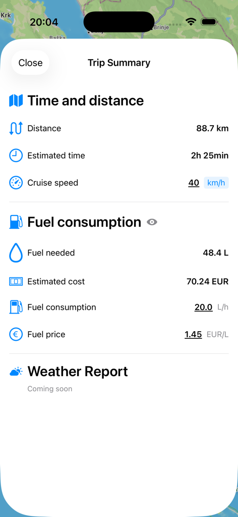 Tela de resumo de viagem do Sailor Croácia mostrando tempo de viagem, distância e consumo estimado de combustível