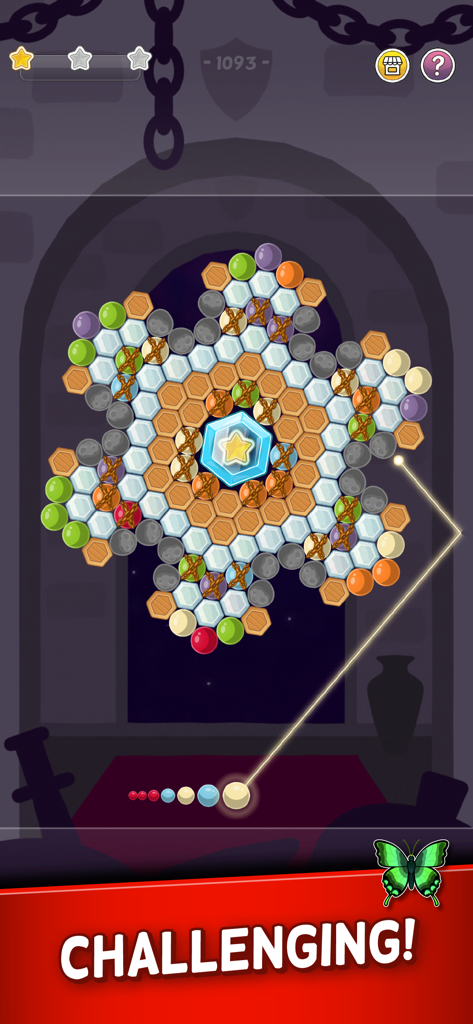 Gameplay of Bubble Cloud Spinning Match-3 showing a central cluster of bubbles and a shooter aiming a trajectory