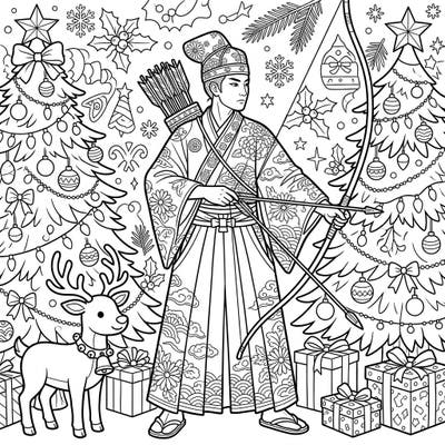 Discover a truly unique holiday coloring experience with our Archery Samurai Christmas page. This detailed design blends traditional Japanese artistry with festive Christmas cheer, perfect for imaginative colorists.