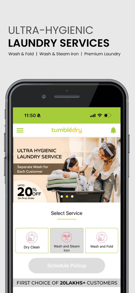 Tumbledry Dry Clean & Laundry - Interface de l'application mobile Tumbledry pour des services de blanchisserie et de nettoyage à sec ultra hygiéniques avec un bouton de planification de prise en charge