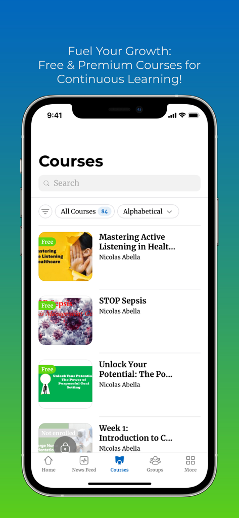 전문 개발을 위한 다양한 무료 및 프리미엄 간호 강좌를 보여주는 모바일 앱 인터페이스.