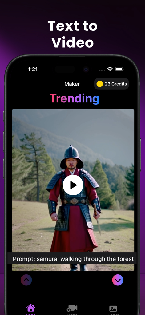 Maker-App-Oberfläche, die eine Text-zu-Video-Generierung eines Samurai zeigt, der durch einen Wald geht