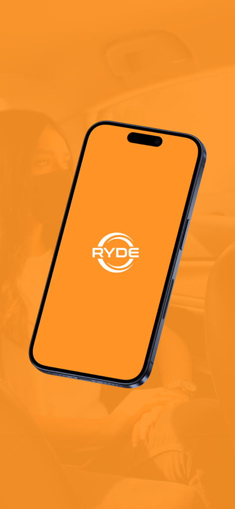 Ryde: Request affordable rides - Un smartphone mostrando el logo blanco de Ryde en una pantalla naranja brillante.