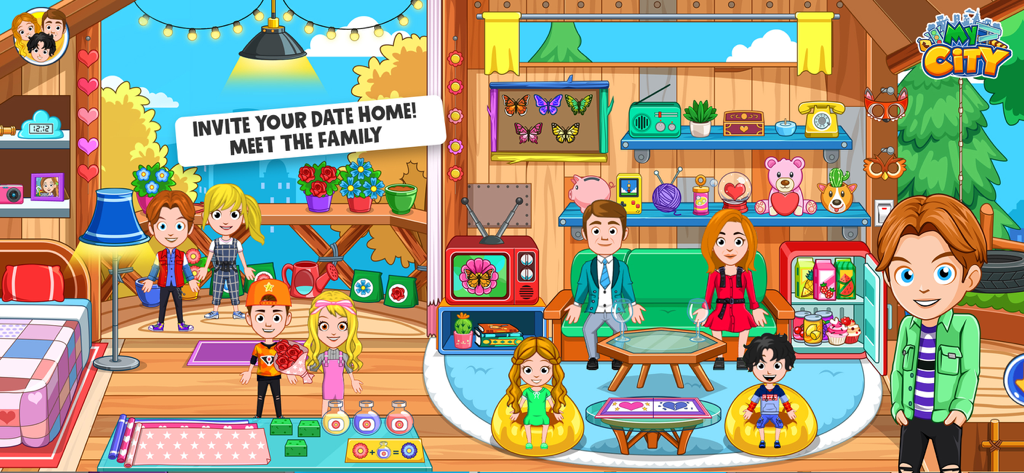 My City : Love Story - A teenage couple meets the family in a colorful living room scene from the My City Love Story game