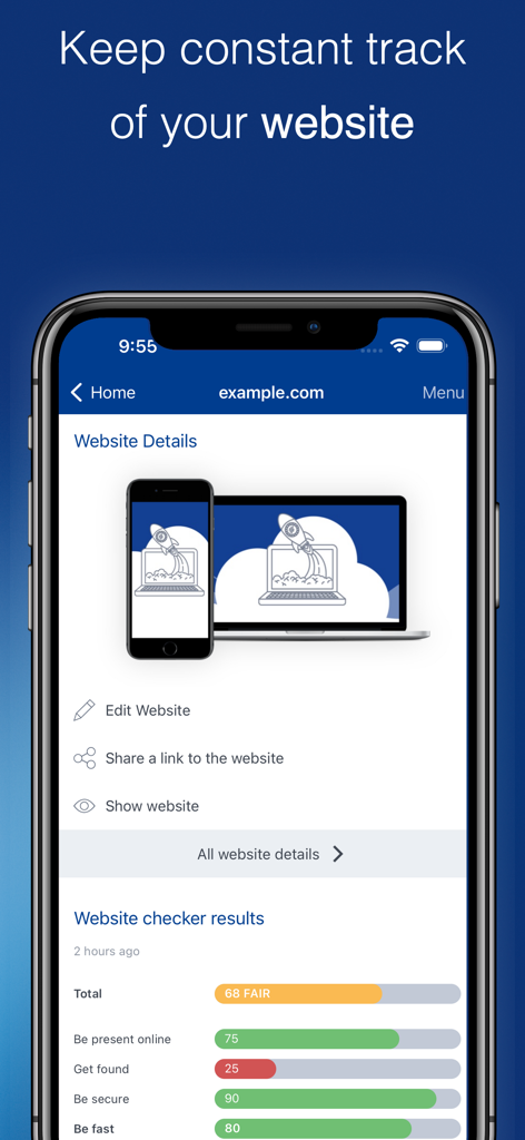 Smartphone-Bildschirm mit Website-Details der IONOS App und Performance-Ergebnissen