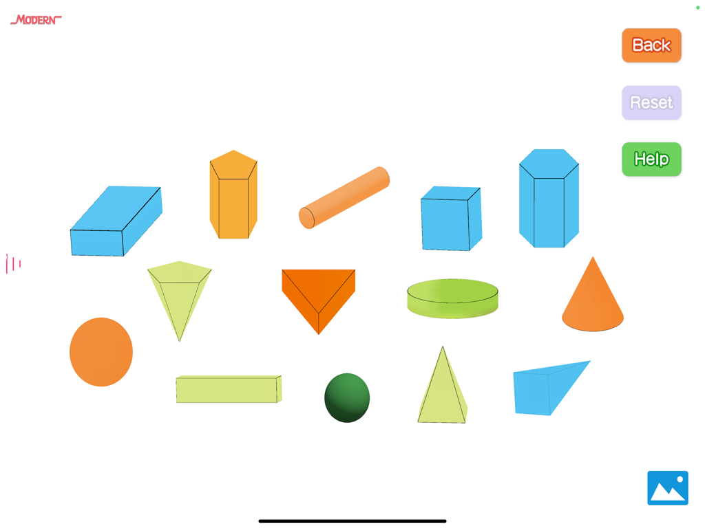 Modern Primary Maths - Student - Pantalla educativa que muestra varias formas geométricas 3D coloridas para estudiantes