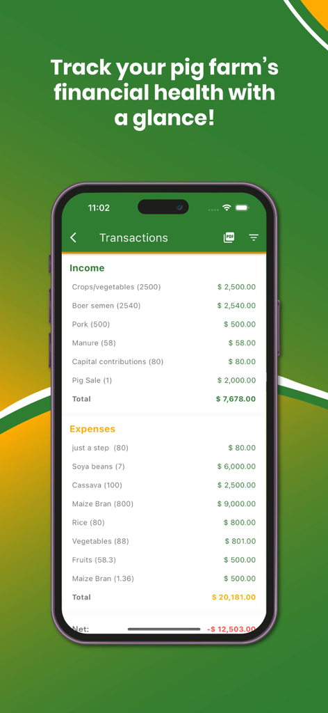 My Piggery Manager - Farm app - Transaction screen in My Piggery Manager app showing pig farm income and expenses