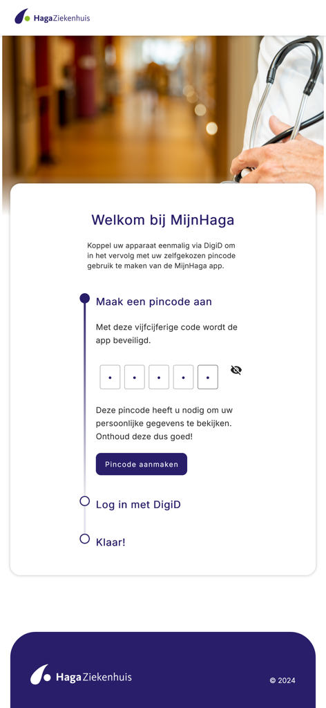 MijnHaga - Welcome screen of the MijnHaga app with setup steps for pincode and DigiD login.