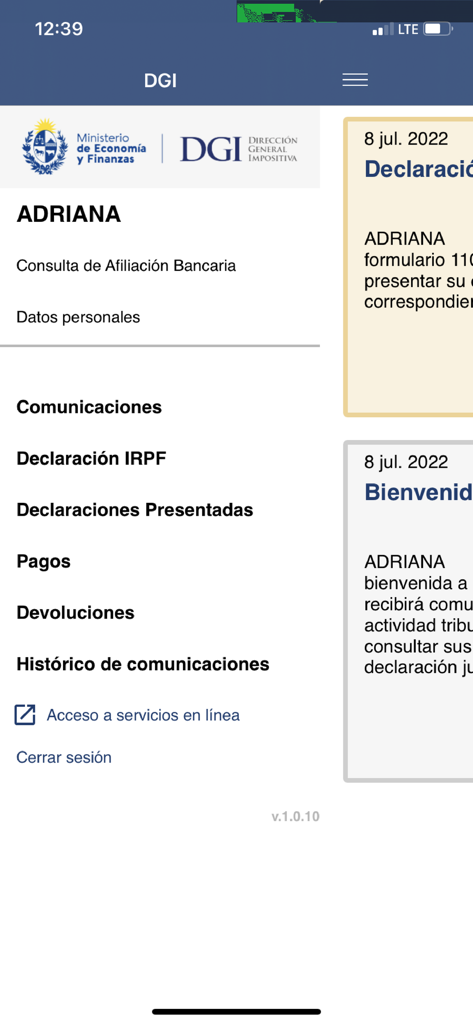 Menú de navegación principal de la aplicación DGI Uruguay que muestra opciones para pagos de declaraciones de impuestos y datos personales