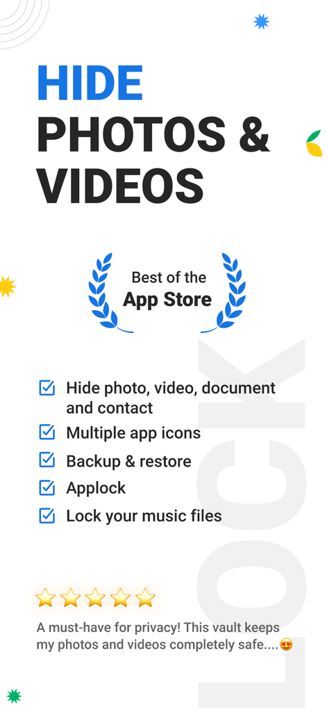 Photo Vault: Hide Pics & Video - Promotional screenshot for Photo Vault app listing features like hiding photos videos and files with a five star user rating