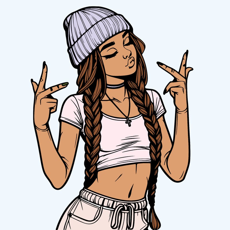realistic teenage girl with braids and a beanie and crop top doing 🫶🏼
