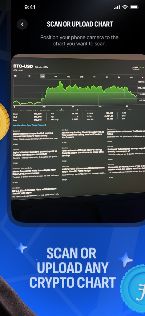 CryptoLens AI - Uma interface móvel do CryptoLens AI mostrando o recurso para digitalizar ou carregar um gráfico de criptomoeda para análise