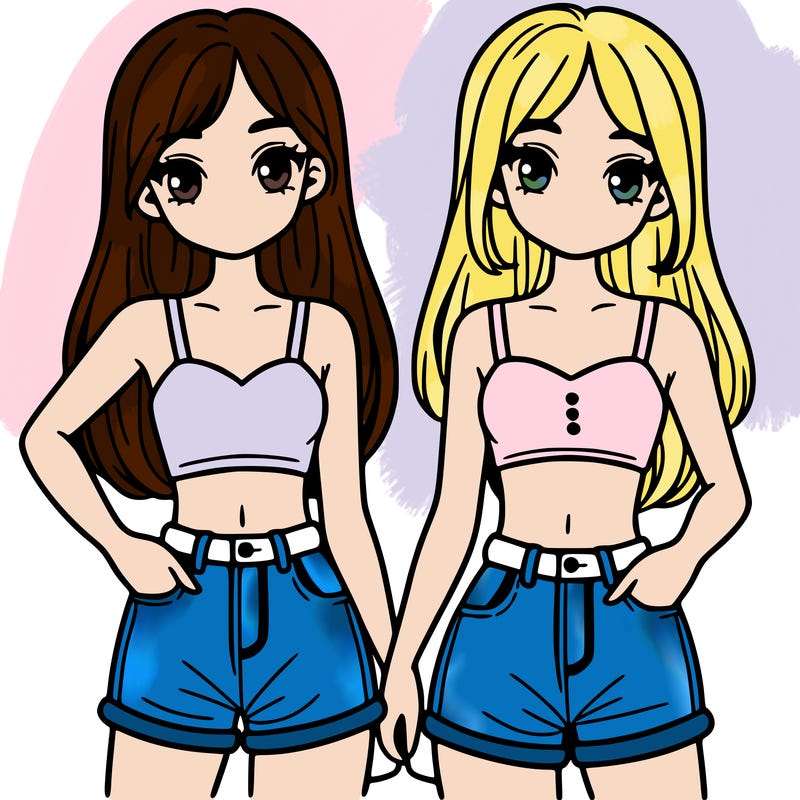 two sisters with crop tops and jean shorts and straight hair