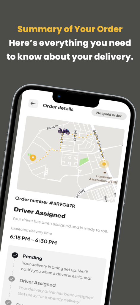 BARQ-برق - 配達状況とライブマップ追跡を示すBARQアプリの注文詳細画面