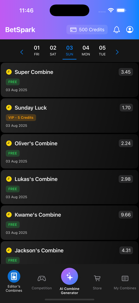 BetSpark - Betting Tips - Panel de la aplicación BetSpark que muestra una variedad de combinaciones de consejos de apuestas gratuitas y VIP