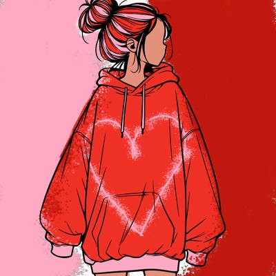 realistic girl with a oversized sweatshirt on and a bun
