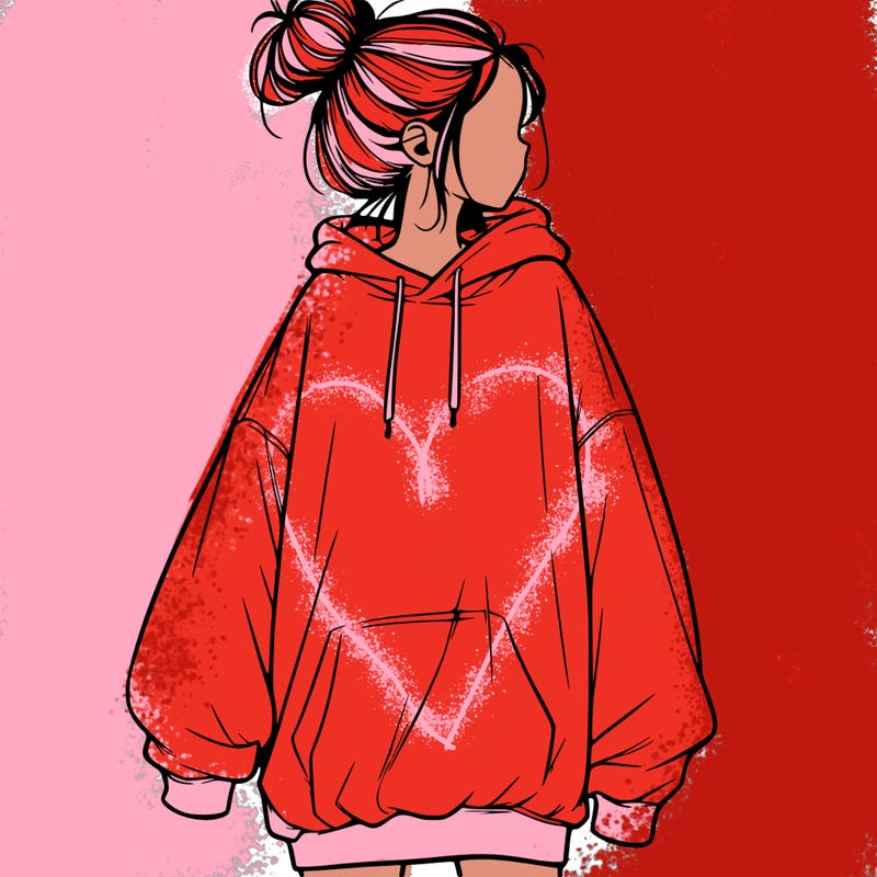 realistic girl with a oversized sweatshirt on and a bun