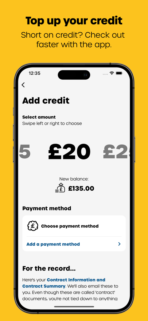 Interface de l'application mobile giffgaff affichant l'écran « Ajouter du crédit » avec une sélection de vingt livres et les options de mode de paiement.