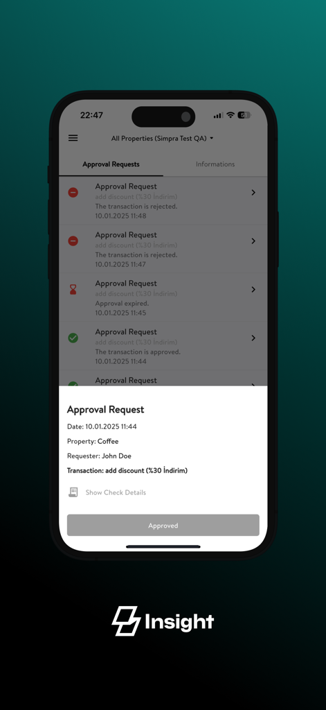 Simpra Insight - Sales Report - Une interface mobile pour Simpra Insight montrant une demande d'approbation de responsable pour une remise dans un restaurant.