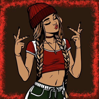realistic teenage girl with braids and a beanie and crop top doing 🫶🏼