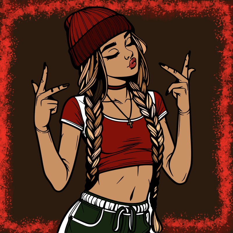realistic teenage girl with braids and a beanie and crop top doing 🫶🏼